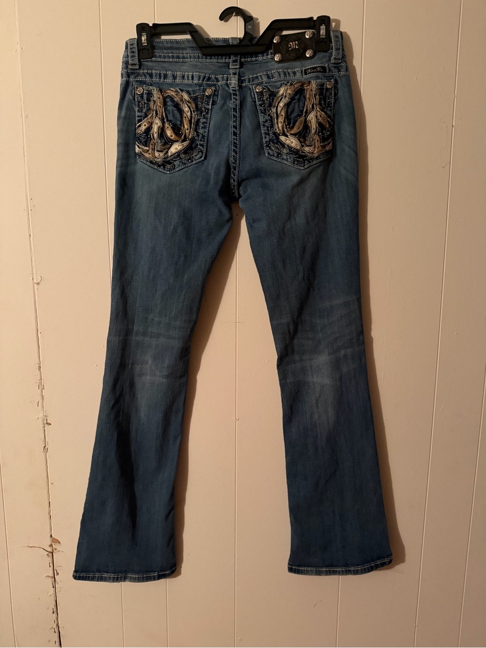 Miss Me Medium Blue Embroidered Peace Sign Back-Pocket Bootcut Jeans